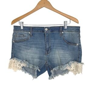 Vintage Y2K High Rise Denim Booty Shorts Boho Festival Shabby Crochet Lace 33